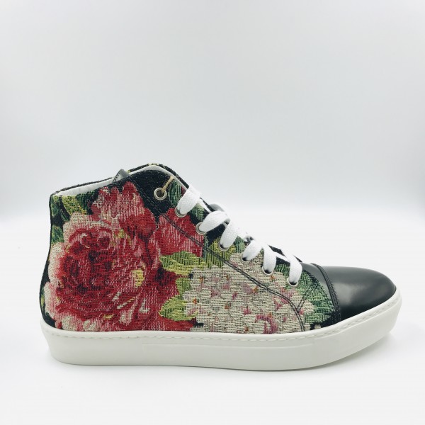 Handmade shoes Black Gobelin with Flowers and Green blank Leather